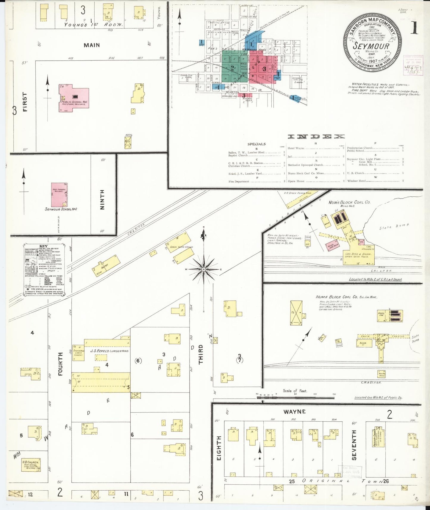 Sanborn Fire Insurance Map from Seymour, Wayne County, Iowa (1907), Sheet #0001 - Historic Sanborn Fire Insurance Map Print, vintage old map wall art
