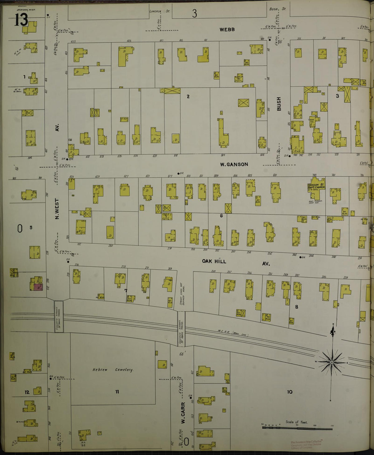 Sanborn Fire Insurance Map from Jackson, Jackson County, Michigan (1907), Sheet #0013 - Historic Sanborn Fire Insurance Map Print, vintage old map wall art, antique decor, genealogy gift, Michigan Michigan map