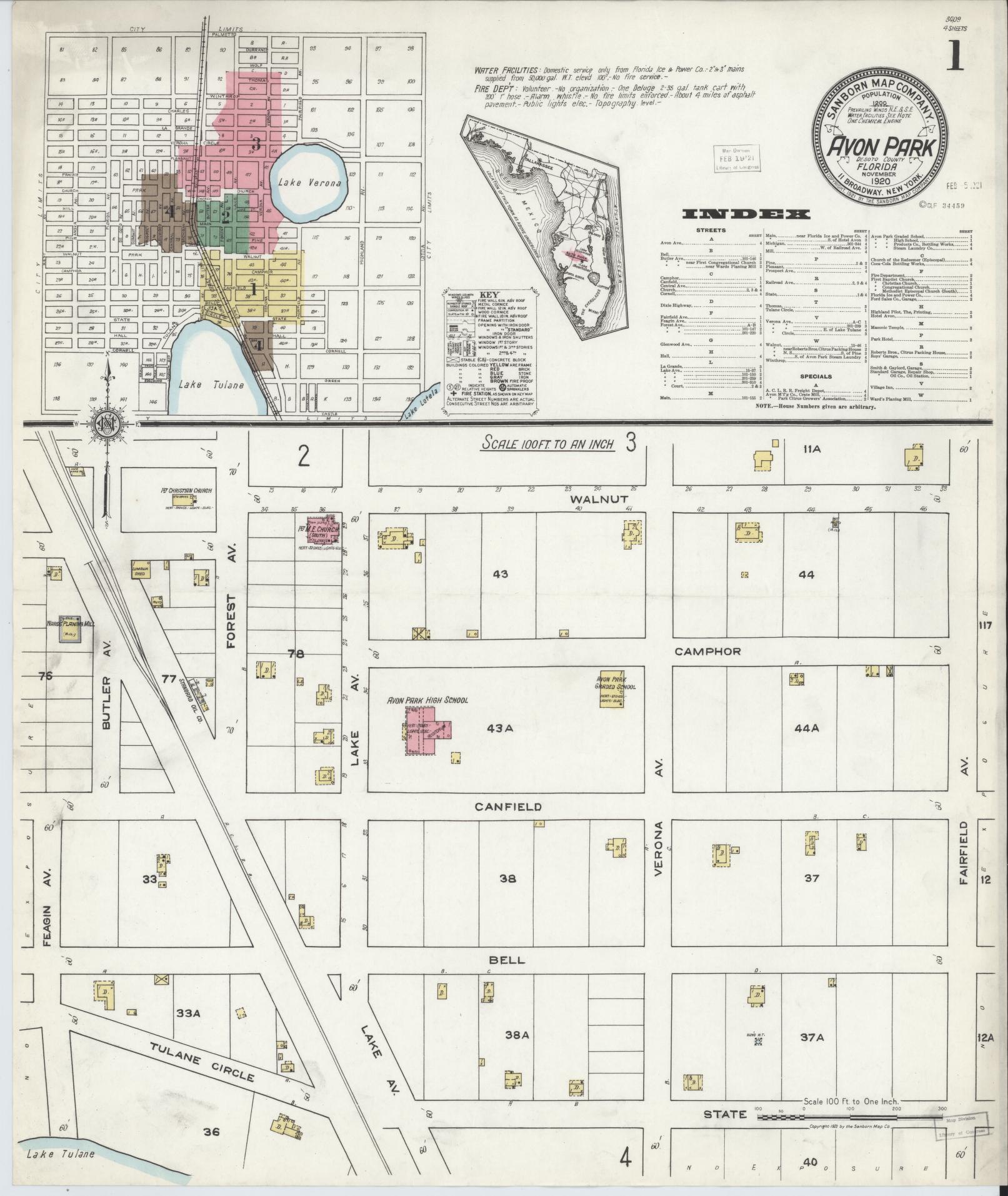 Sanborn Fire Insurance Map from Avon Park, Highlands County, Florida (1920), Sheet #0001 - Complete Map Set gallery image, historic Sanborn map, vintage wall art, Florida Florida
