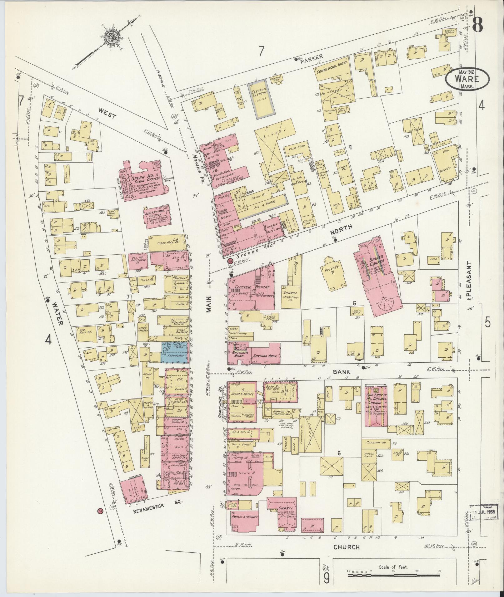Sanborn Fire Insurance Map from Ware, Hampshire County, Massachusetts (1912), Sheet #0008 - Complete Map Set gallery image, historic Sanborn map, vintage wall art, Massachusetts Massachusetts