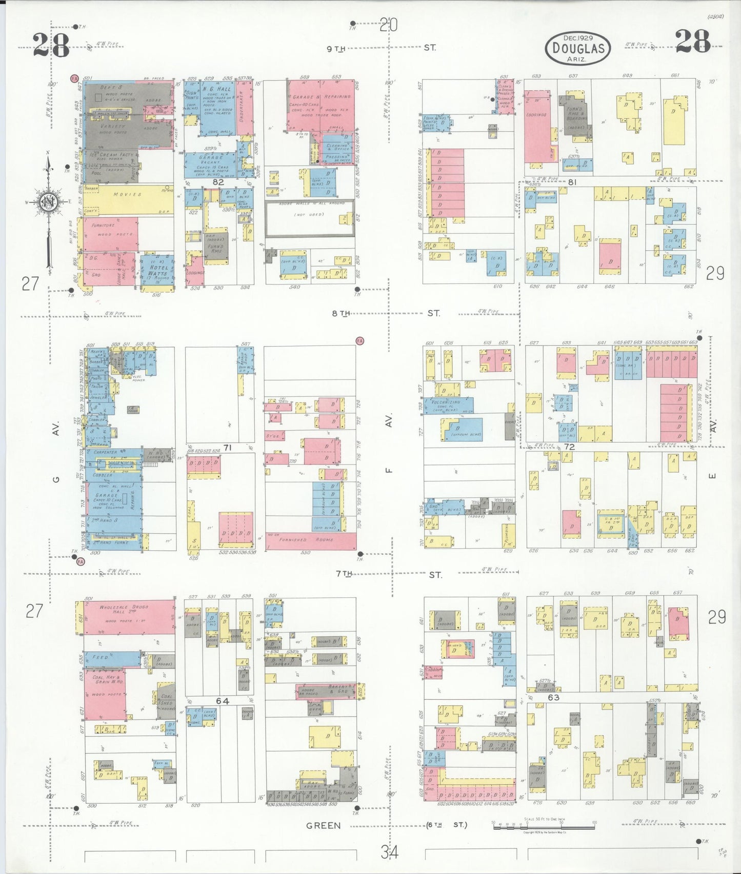 Sanborn Fire Insurance Map from Douglas, Cochise County, Arizona (1929), Sheet #0028 - Complete Map Set gallery image, historic Sanborn map, vintage wall art, Arizona Arizona