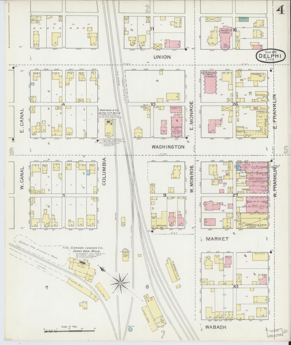 Sanborn Fire Insurance Map from Delphi, Carroll County, Indiana (1893), Sheet #0004 - Historic Sanborn Fire Insurance Map Print, vintage old map wall art, antique decor, genealogy gift, Indiana Indiana map