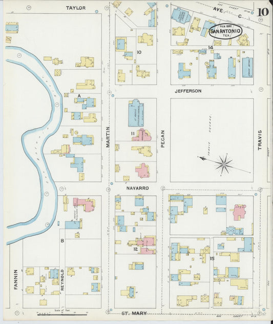 Sanborn Fire Insurance Map from San Antonio, Bexar County, Texas (1892), Sheet #0010 - Historic Sanborn Fire Insurance Map Print, vintage old map wall art, antique decor, genealogy gift, Texas Texas map