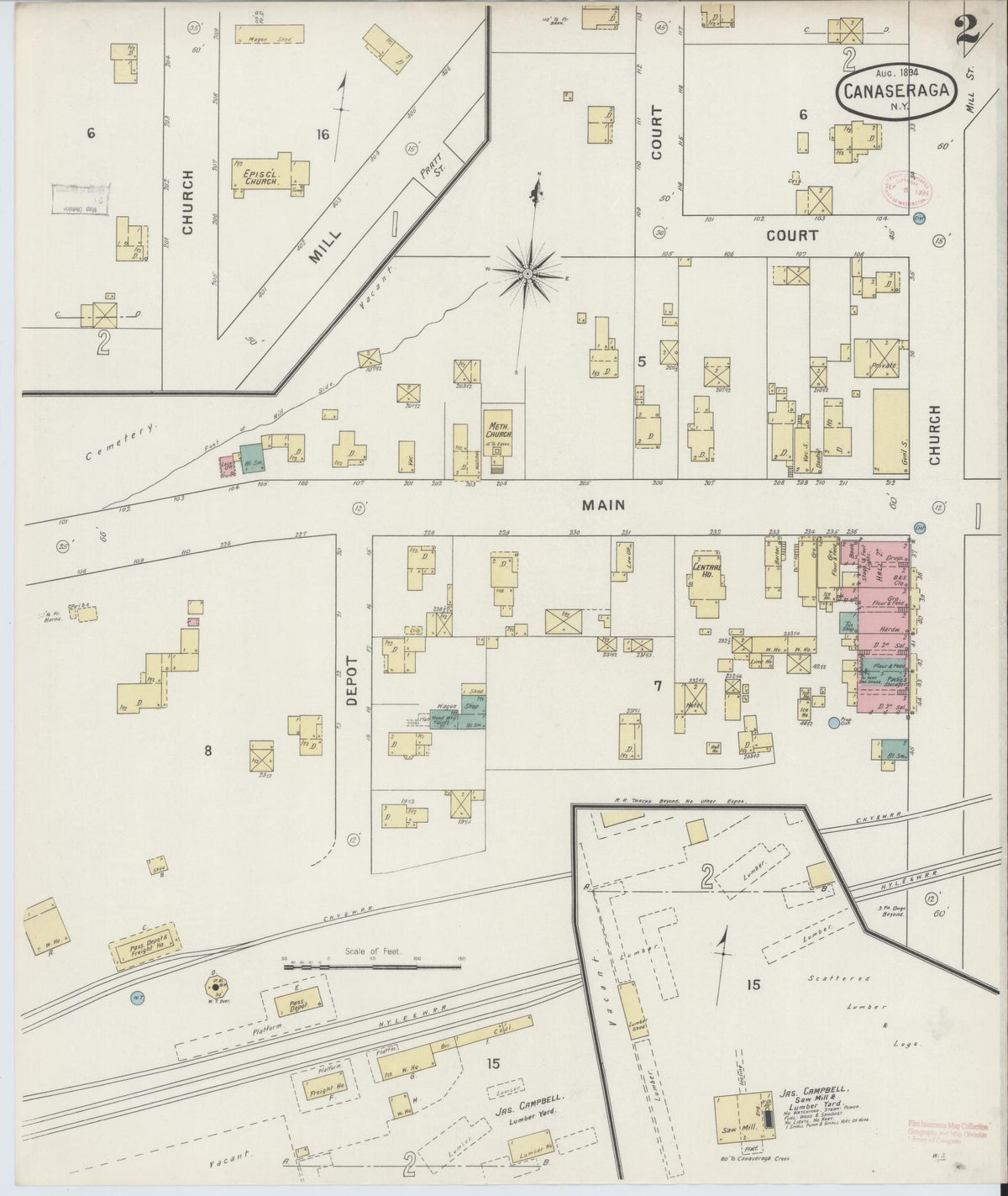 Sanborn Fire Insurance Map from Canaseraga, Allegany County, New York (1894), Sheet #0002 - Historic Sanborn Fire Insurance Map Print, vintage old map wall art, antique decor, genealogy gift, New York New York map
