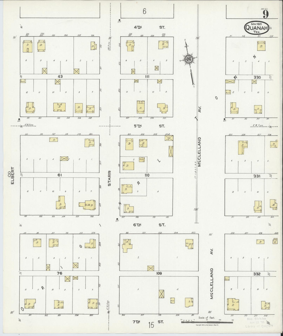 Sanborn Fire Insurance Map from Quanah, Hardeman County, Texas (1921), Sheet #0009 - Complete Map Set gallery image, historic Sanborn map, vintage wall art, Texas Texas