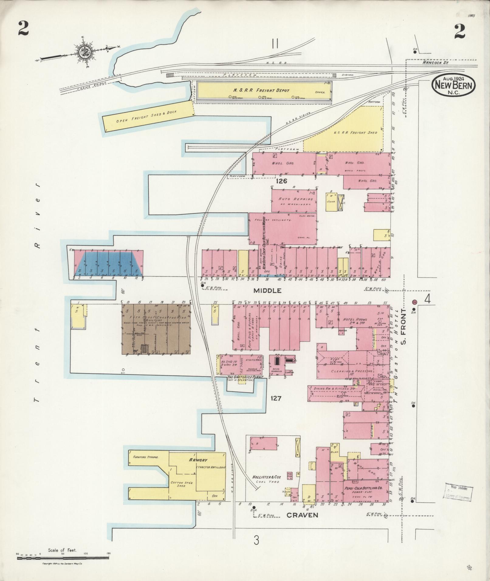 Sanborn Fire Insurance Map from New Bern, Craven County, North Carolina (1924), Sheet #0002 - Complete Map Set gallery image, historic Sanborn map, vintage wall art, North Carolina North Carolina
