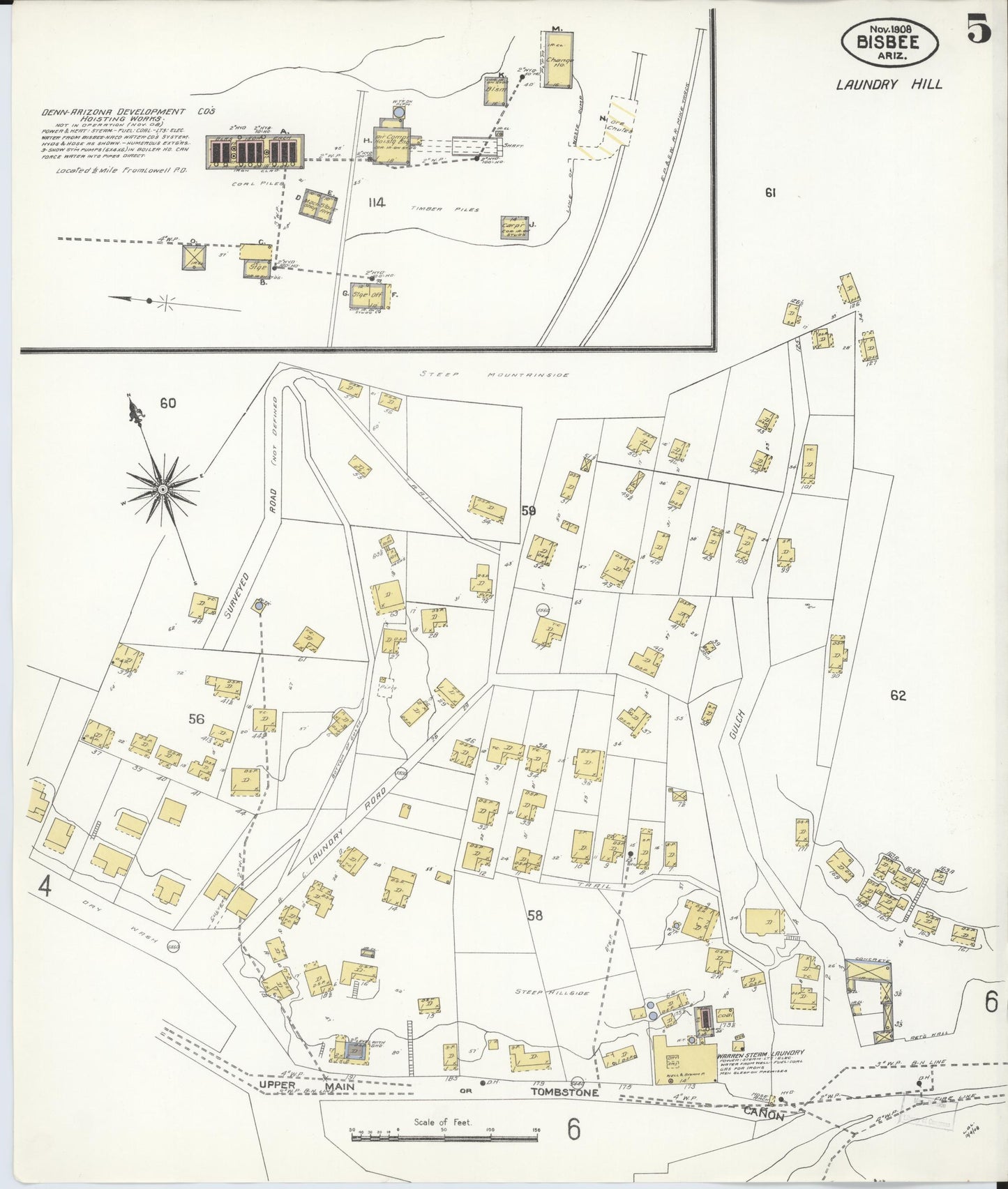 Sanborn Fire Insurance Map from Bisbee, Cochise County, Arizona (1908), Sheet #0005 - Complete Map Set gallery image, historic Sanborn map, vintage wall art, Arizona Arizona