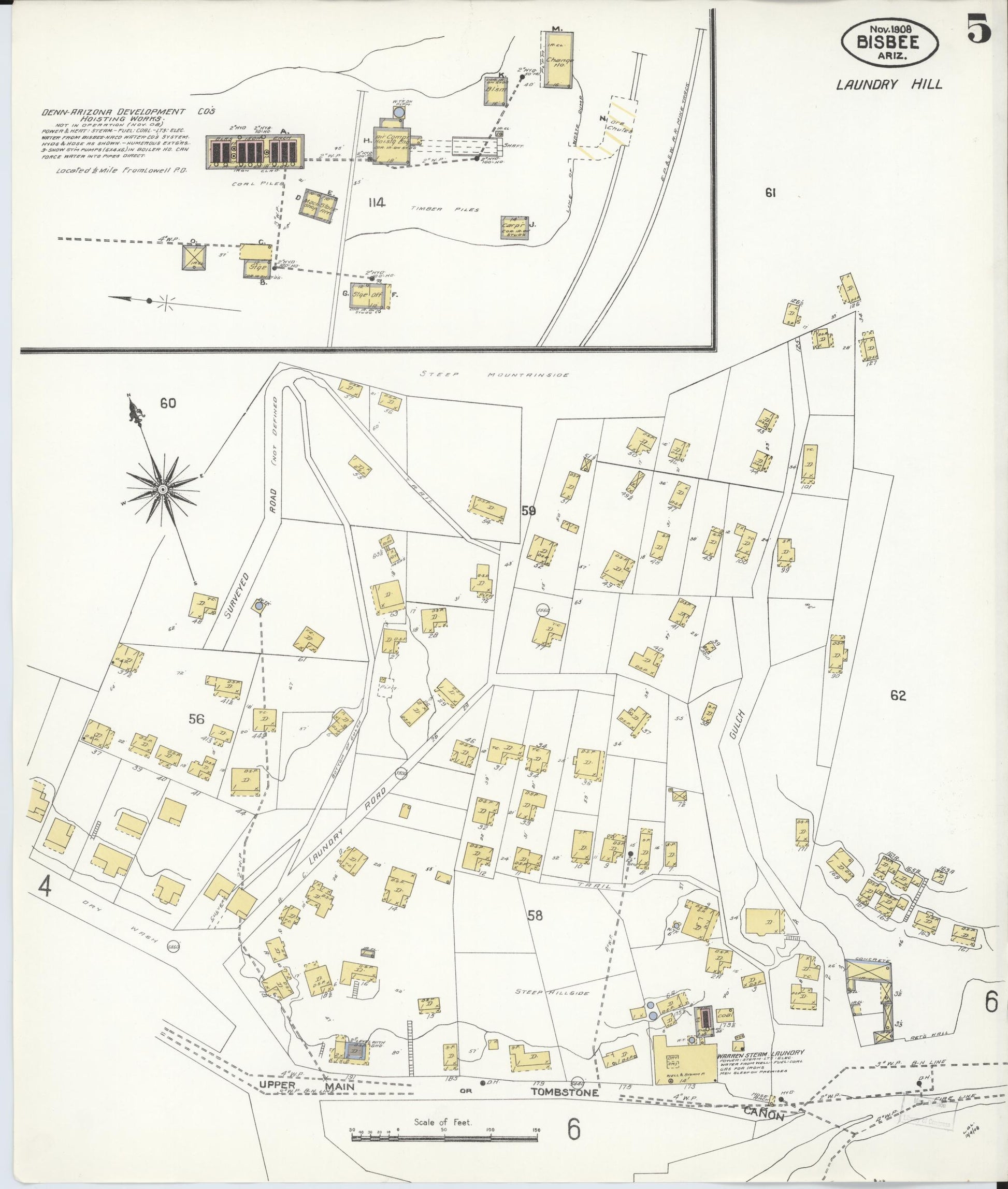 Sanborn Fire Insurance Map from Bisbee, Cochise County, Arizona (1908), Sheet #0005 - Complete Map Set gallery image, historic Sanborn map, vintage wall art, Arizona Arizona