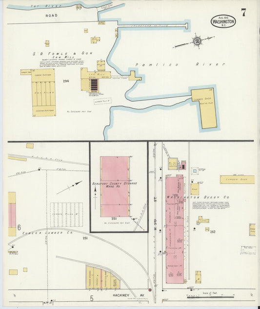 Sanborn Fire Insurance Map from Washington, Beaufort County, North Carolina (1916), Sheet #0007 - Historic Sanborn Fire Insurance Map Print, vintage old map wall art, antique decor, genealogy gift, North Carolina North Carolina map