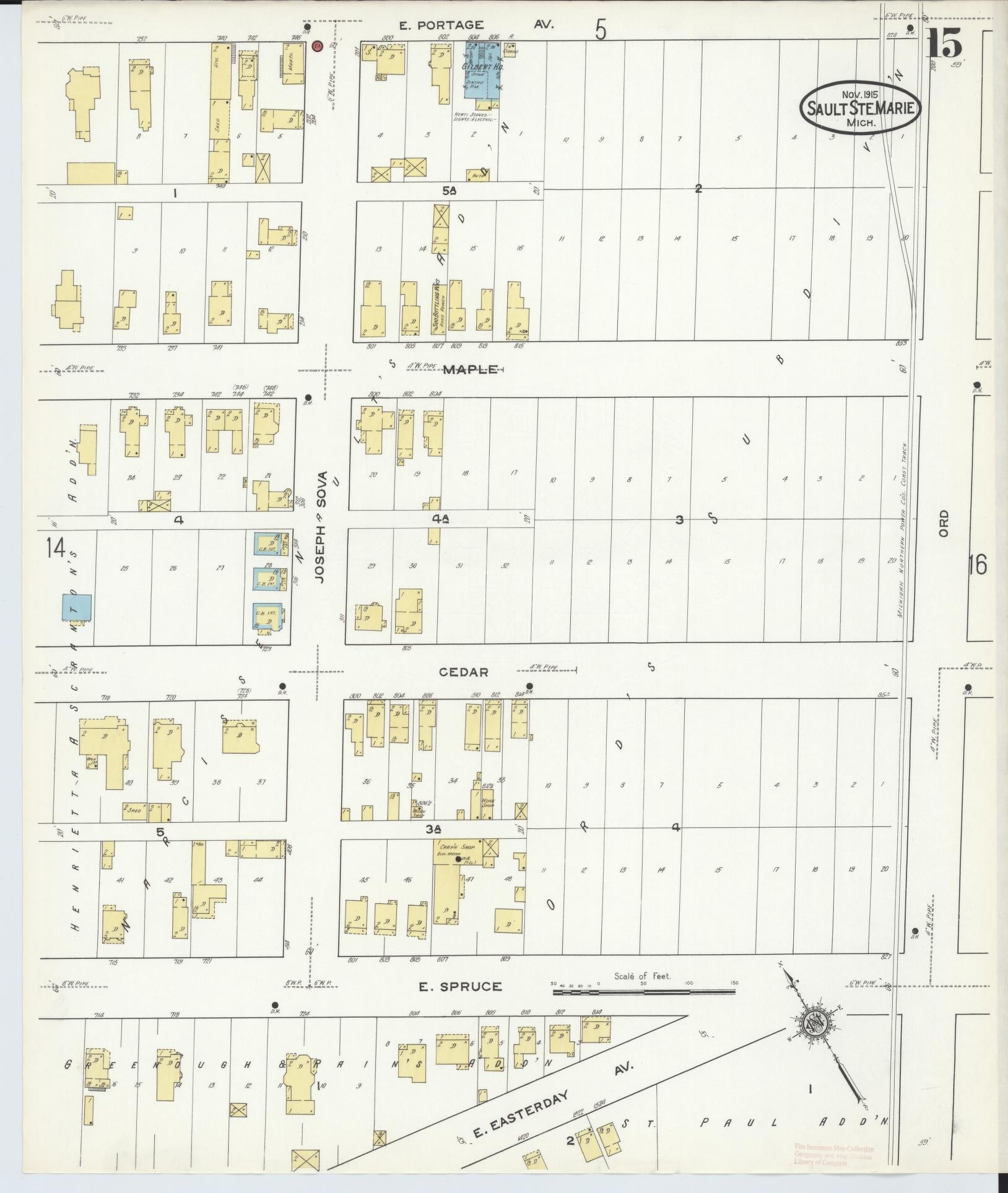 Sanborn Fire Insurance Map from Sault Sainte Marie, Chippewa County, Michigan (1915), Sheet #0015 - Complete Map Set gallery image, historic Sanborn map, vintage wall art, Michigan Michigan