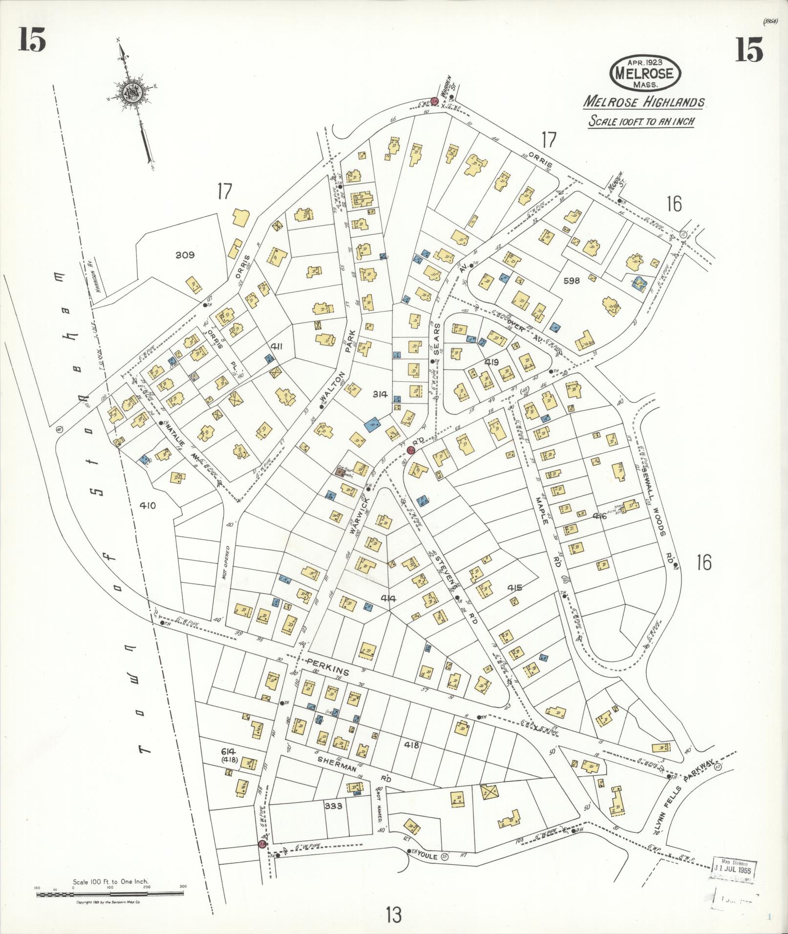 Sanborn Fire Insurance Map from Melrose, Middlesex County, Massachusetts (1923), Sheet #0015 - Complete Map Set gallery image, historic Sanborn map, vintage wall art, Massachusetts Massachusetts