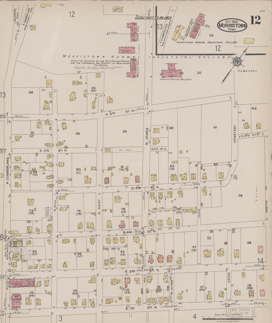 Sanborn Fire Insurance Map from Morristown, Hamblen County, Tennessee (1922), Sheet #0012 - Historic Sanborn Fire Insurance Map Print, vintage old map wall art, antique decor, genealogy gift, Tennessee Tennessee map