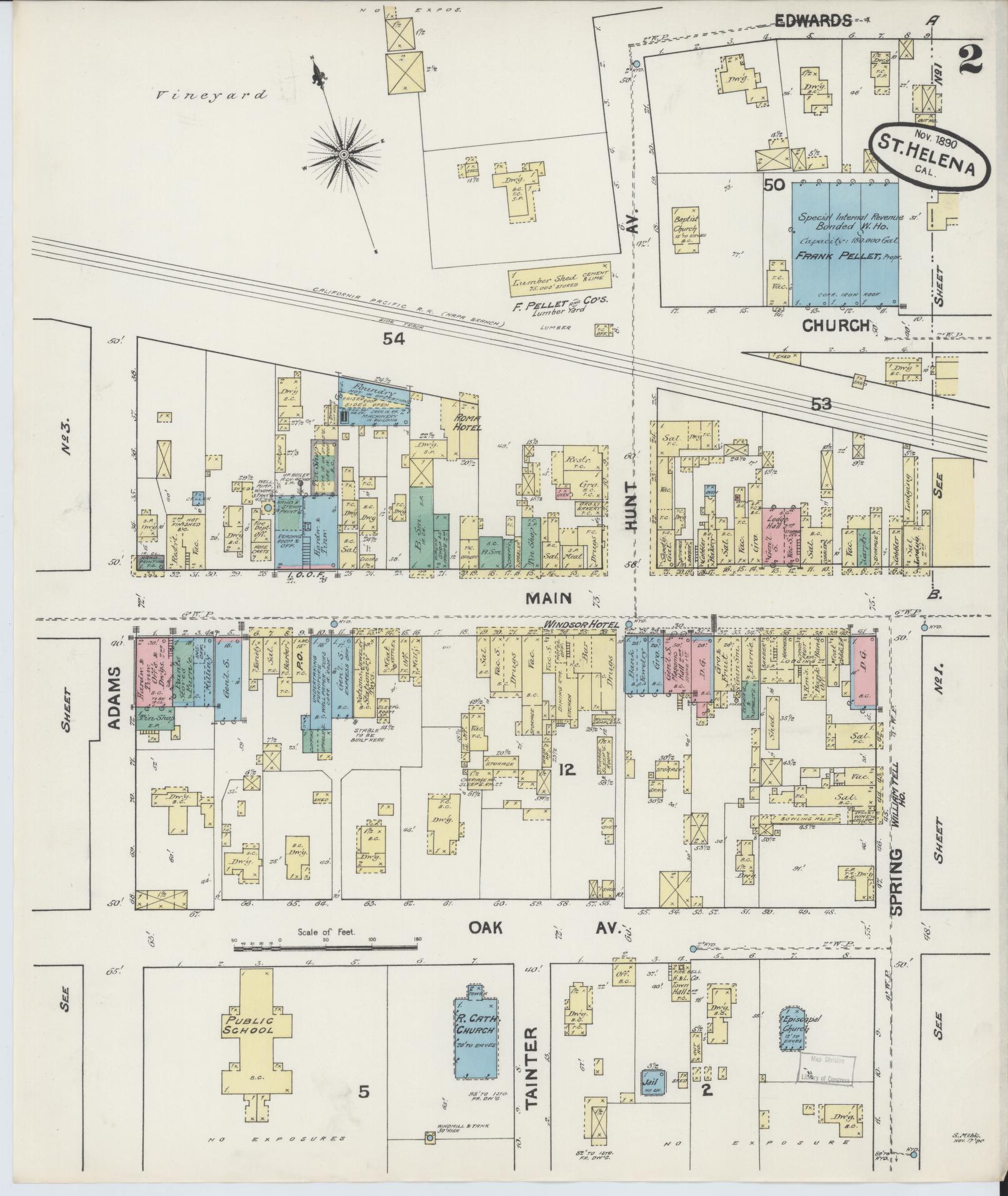 Sanborn Fire Insurance Map from Saint Helena, Napa County, California (1890), Sheet #0002 - Complete Map Set gallery image, historic Sanborn map, vintage wall art, California California
