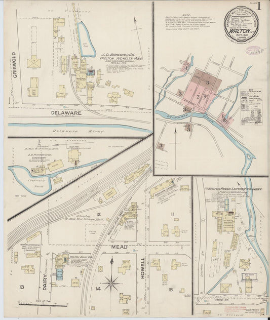 Sanborn Fire Insurance Map from Walton, Delaware County, New York (1886), Sheet #0001 - Historic Sanborn Fire Insurance Map Print, vintage old map wall art, antique decor, genealogy gift, Walton Delaware map