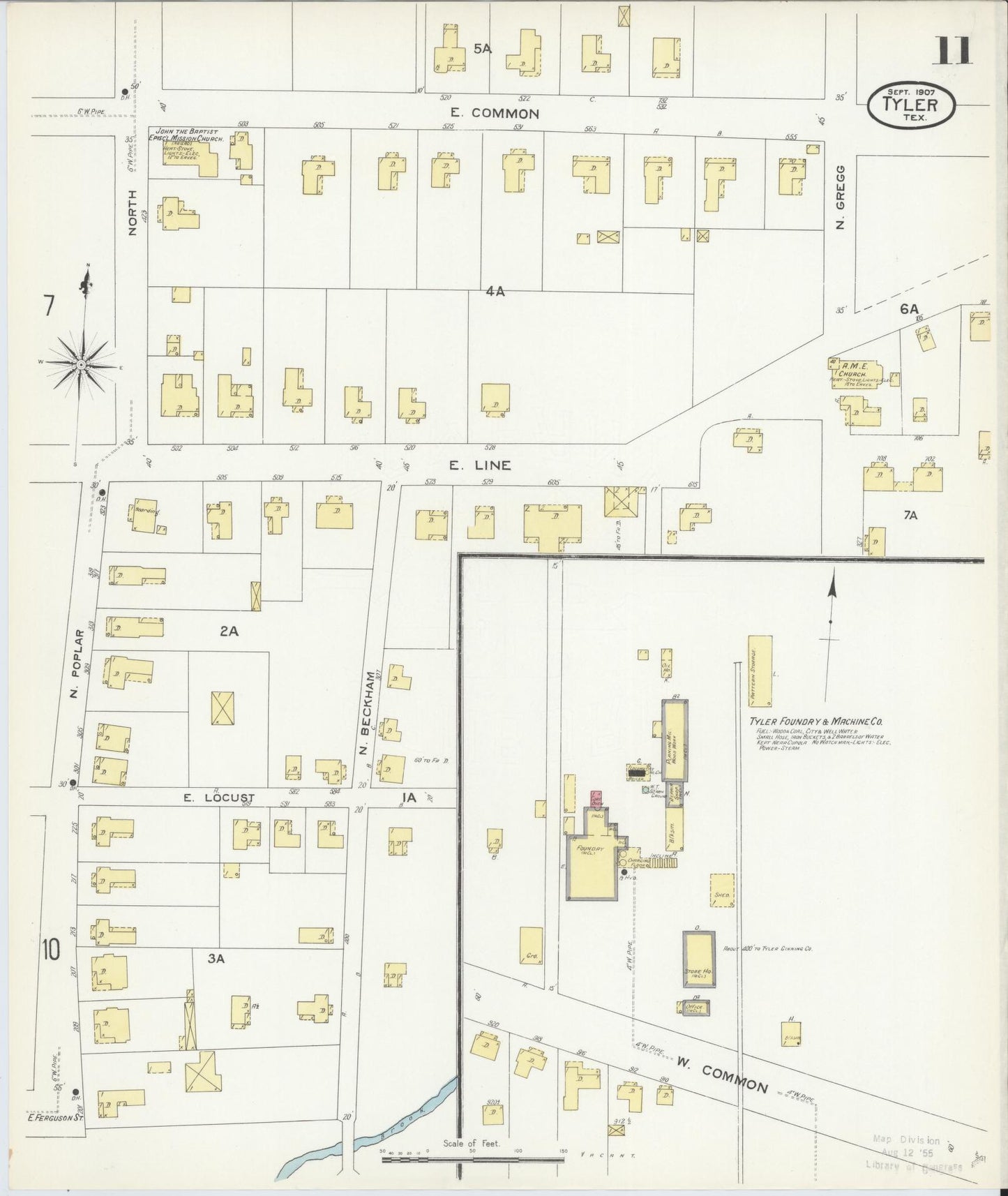 Sanborn Fire Insurance Map from Tyler, Smith County, Texas (1907), Sheet #0011 - Complete Map Set gallery image, historic Sanborn map, vintage wall art, Texas Texas