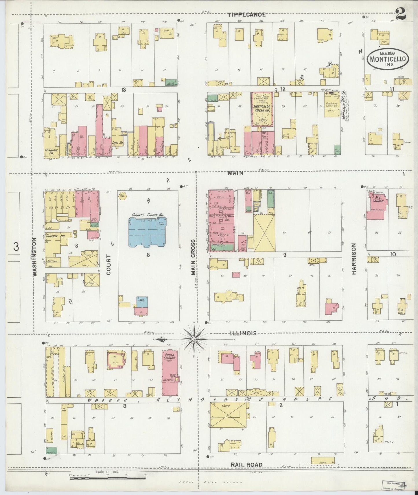 Sanborn Fire Insurance Map from Monticello, White County, Indiana (1899), Sheet #0002 - Complete Map Set gallery image, historic Sanborn map, vintage wall art, Indiana Indiana