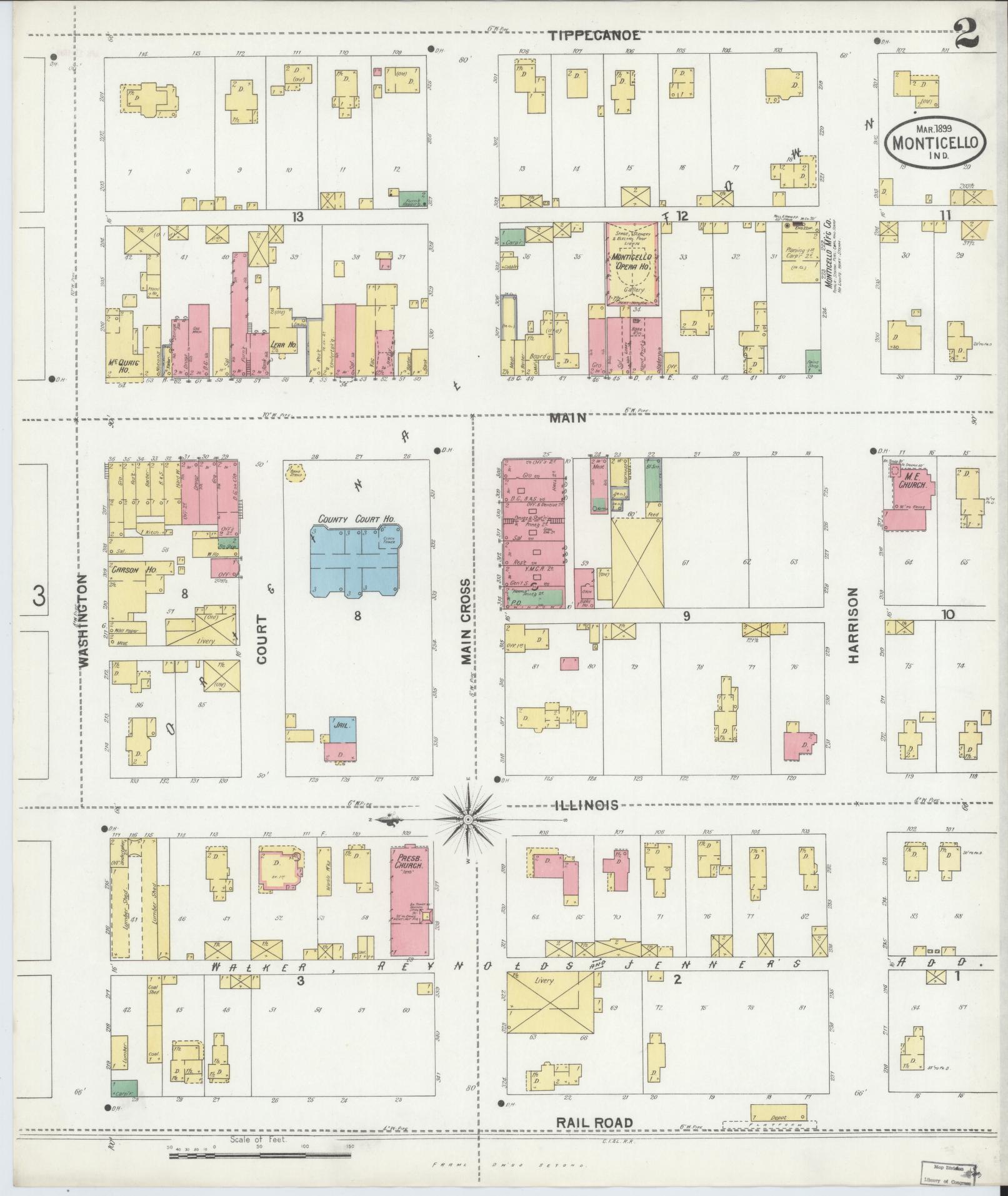 Sanborn Fire Insurance Map from Monticello, White County, Indiana (1899), Sheet #0002 - Complete Map Set gallery image, historic Sanborn map, vintage wall art, Indiana Indiana