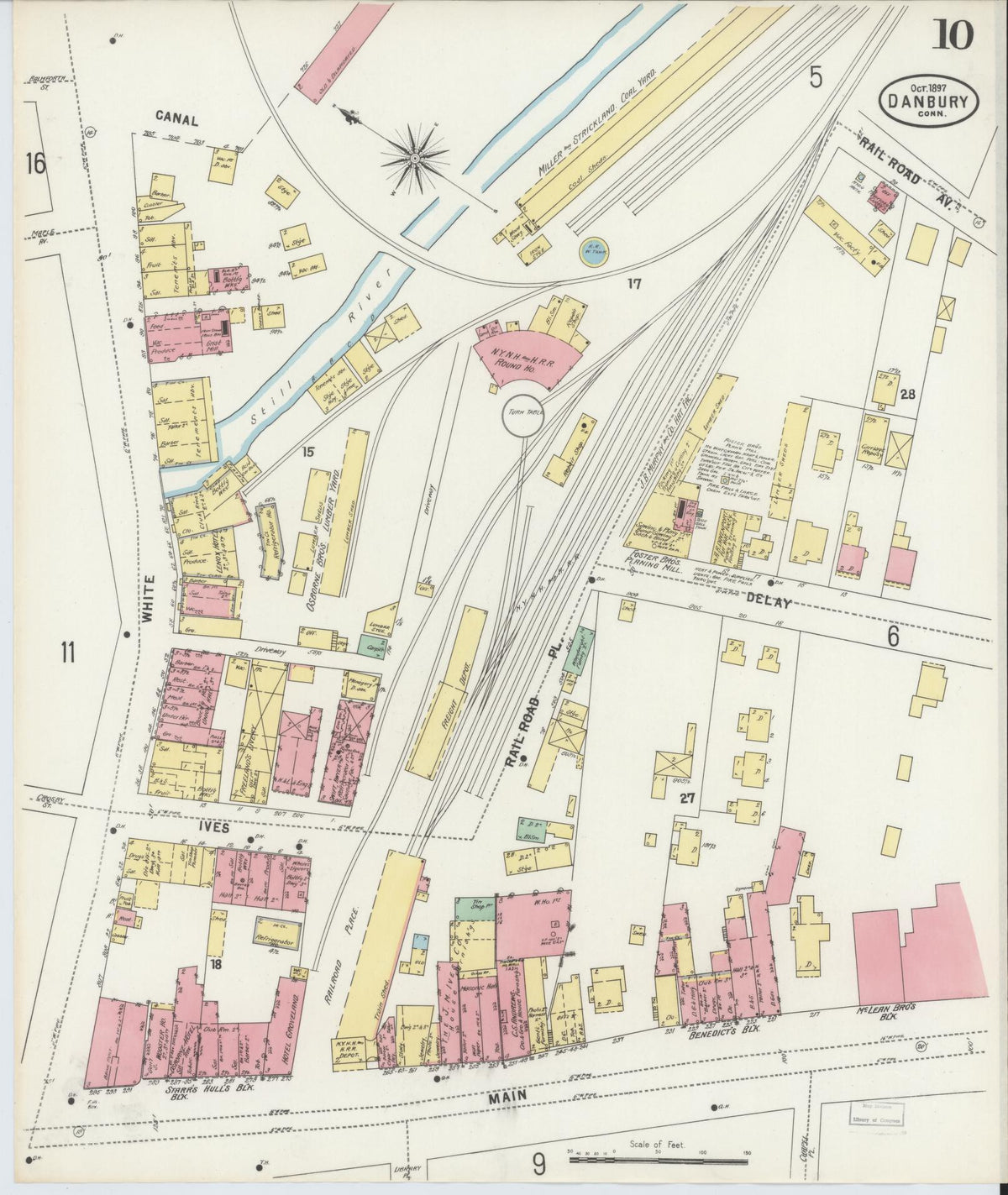 Sanborn Fire Insurance Map from Danbury, Fairfield County, Connecticut (1897), Sheet #0010 - Historic Sanborn Fire Insurance Map Print, vintage old map wall art, antique decor, genealogy gift, Connecticut Connecticut map