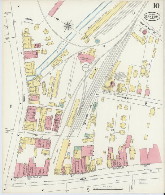 Sanborn Fire Insurance Map from Danbury, Fairfield County, Connecticut (1897), Sheet #0010 - Historic Sanborn Fire Insurance Map Print, vintage old map wall art, antique decor, genealogy gift, Connecticut Connecticut map