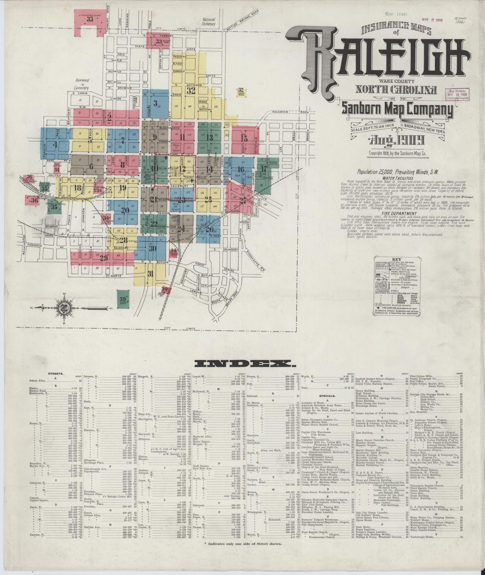 Sanborn Fire Insurance Map from Raleigh, Wake County, North Carolina (1909), Sheet #0001 - Complete Map Set gallery image, historic Sanborn map, vintage wall art, North Carolina North Carolina