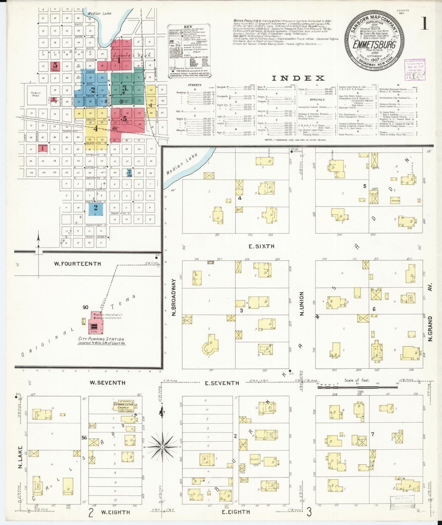 Sanborn Fire Insurance Map from Emmetsburg, Palo Alto County, Iowa (1907), Sheet #0001 - Historic Sanborn Fire Insurance Map Print, vintage old map wall art