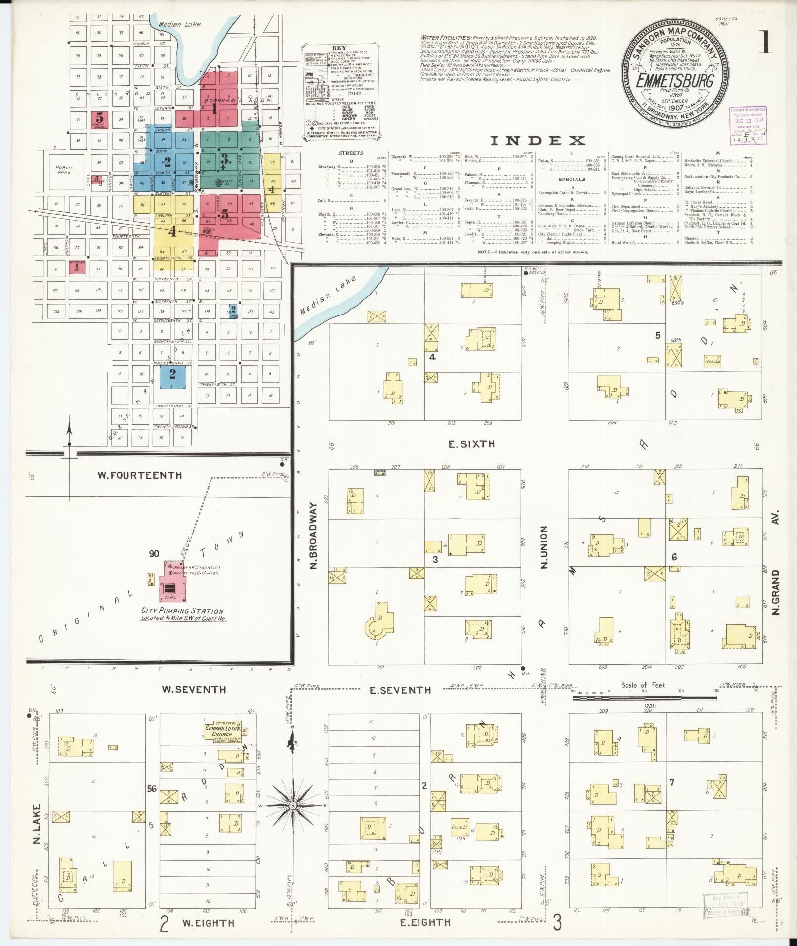 Sanborn Fire Insurance Map from Emmetsburg, Palo Alto County, Iowa (1907), Sheet #0001 - Historic Sanborn Fire Insurance Map Print, vintage old map wall art