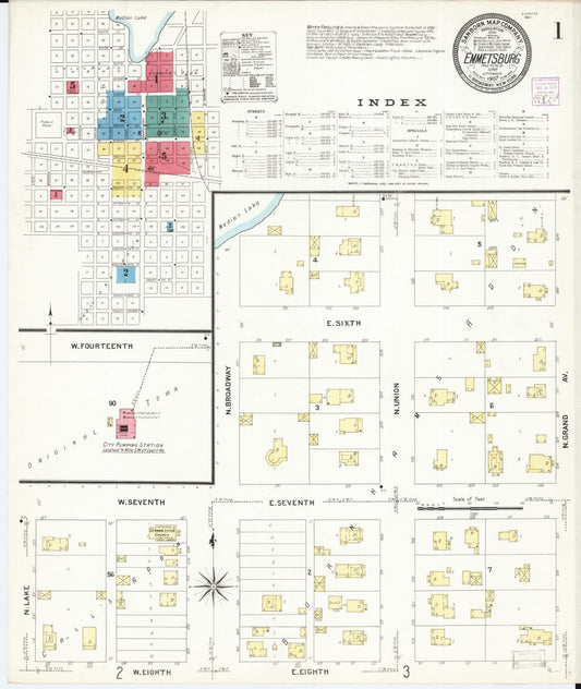 Sanborn Fire Insurance Map from Emmetsburg, Palo Alto County, Iowa (1907), Sheet #0001 - Historic Sanborn Fire Insurance Map Print, vintage old map wall art