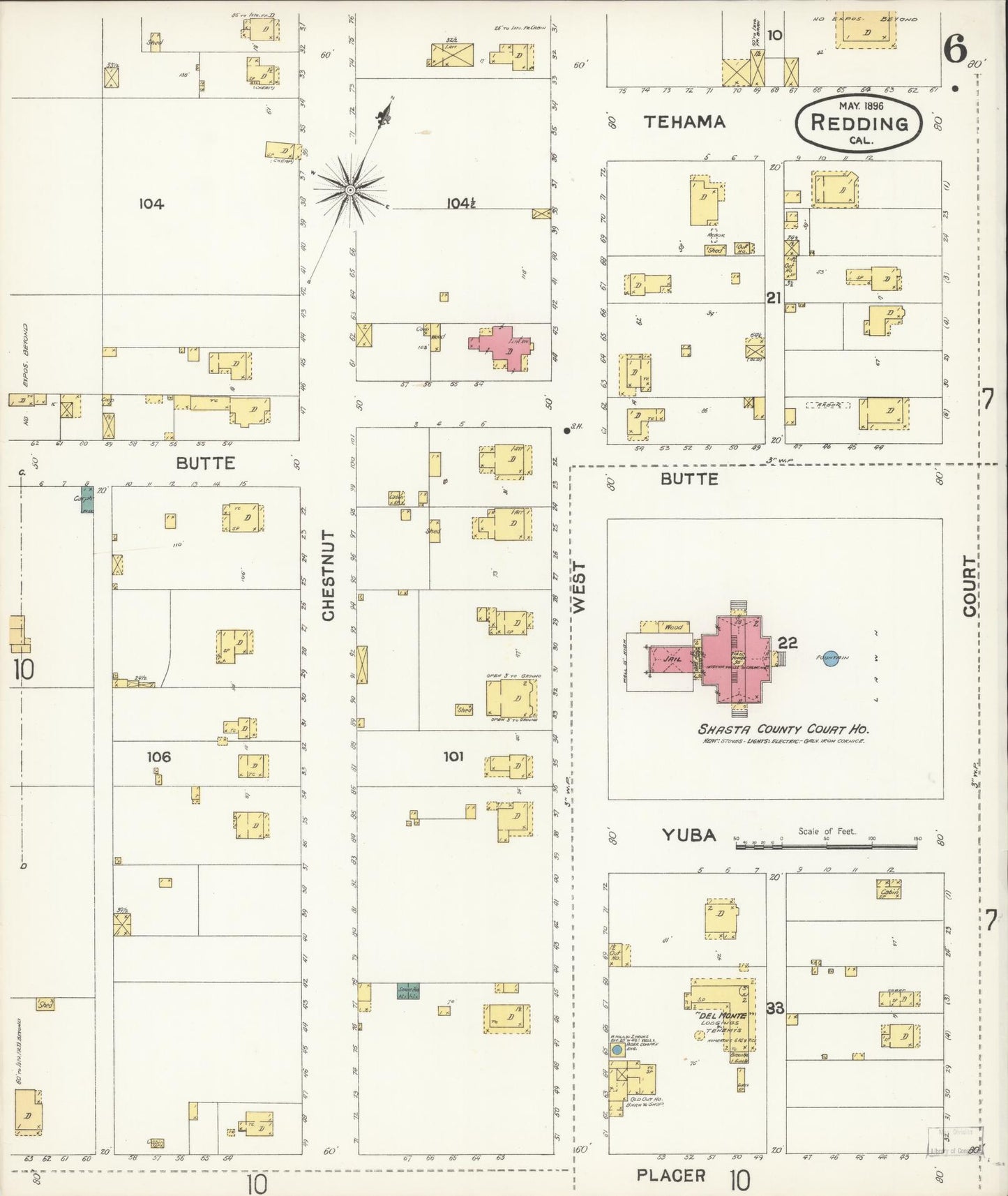 Sanborn Fire Insurance Map from Redding, Shasta County, California (1896), Sheet #0006 - Complete Map Set gallery image, historic Sanborn map, vintage wall art, California California