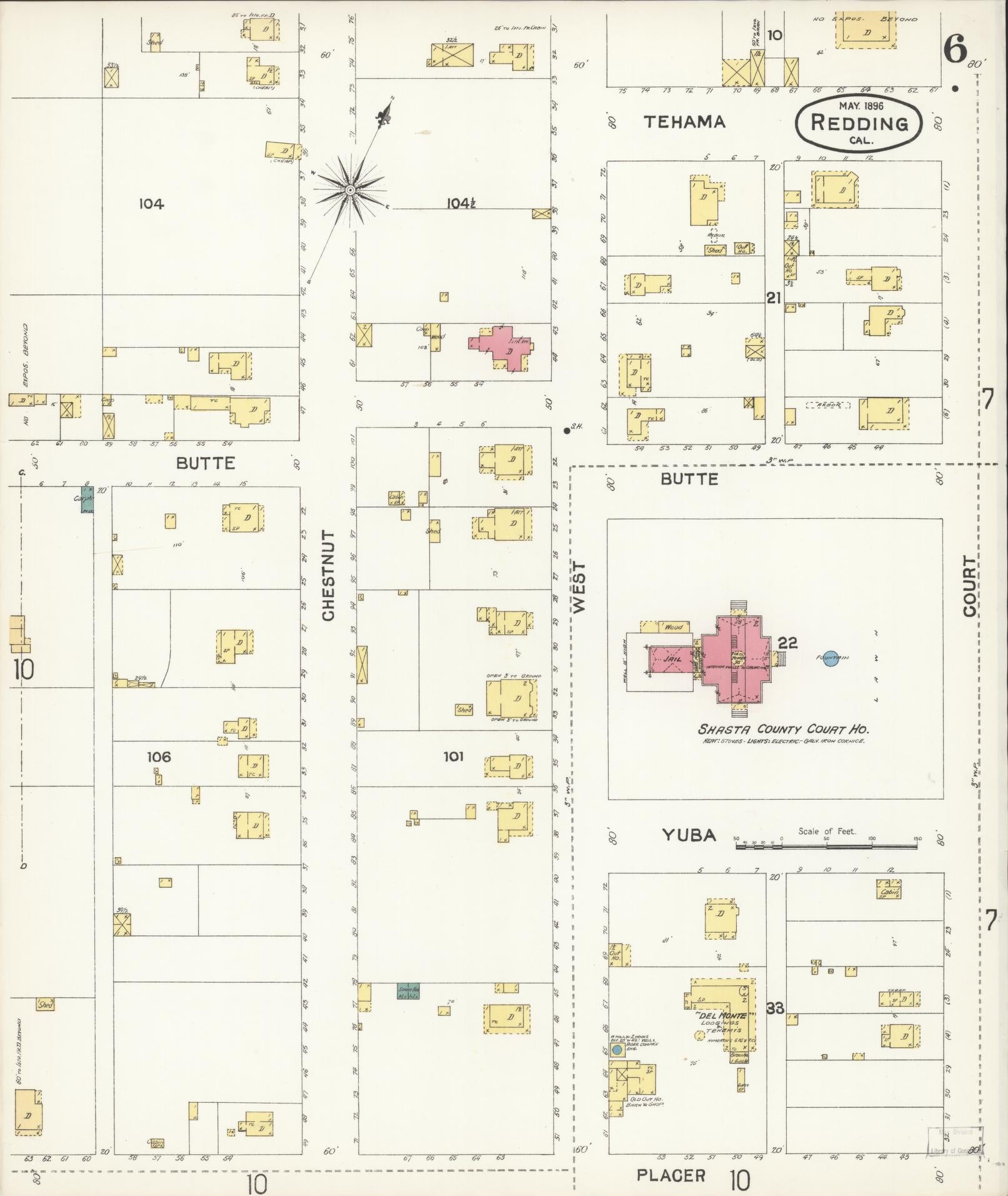 Sanborn Fire Insurance Map from Redding, Shasta County, California (1896), Sheet #0006 - Complete Map Set gallery image, historic Sanborn map, vintage wall art, California California