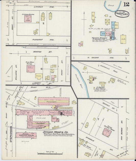 Sanborn Fire Insurance Map from Freeport, Stephenson County, Illinois (1890), Sheet #0012 - Historic Sanborn Fire Insurance Map Print, vintage old map wall art, antique decor, genealogy gift, Illinois Illinois map