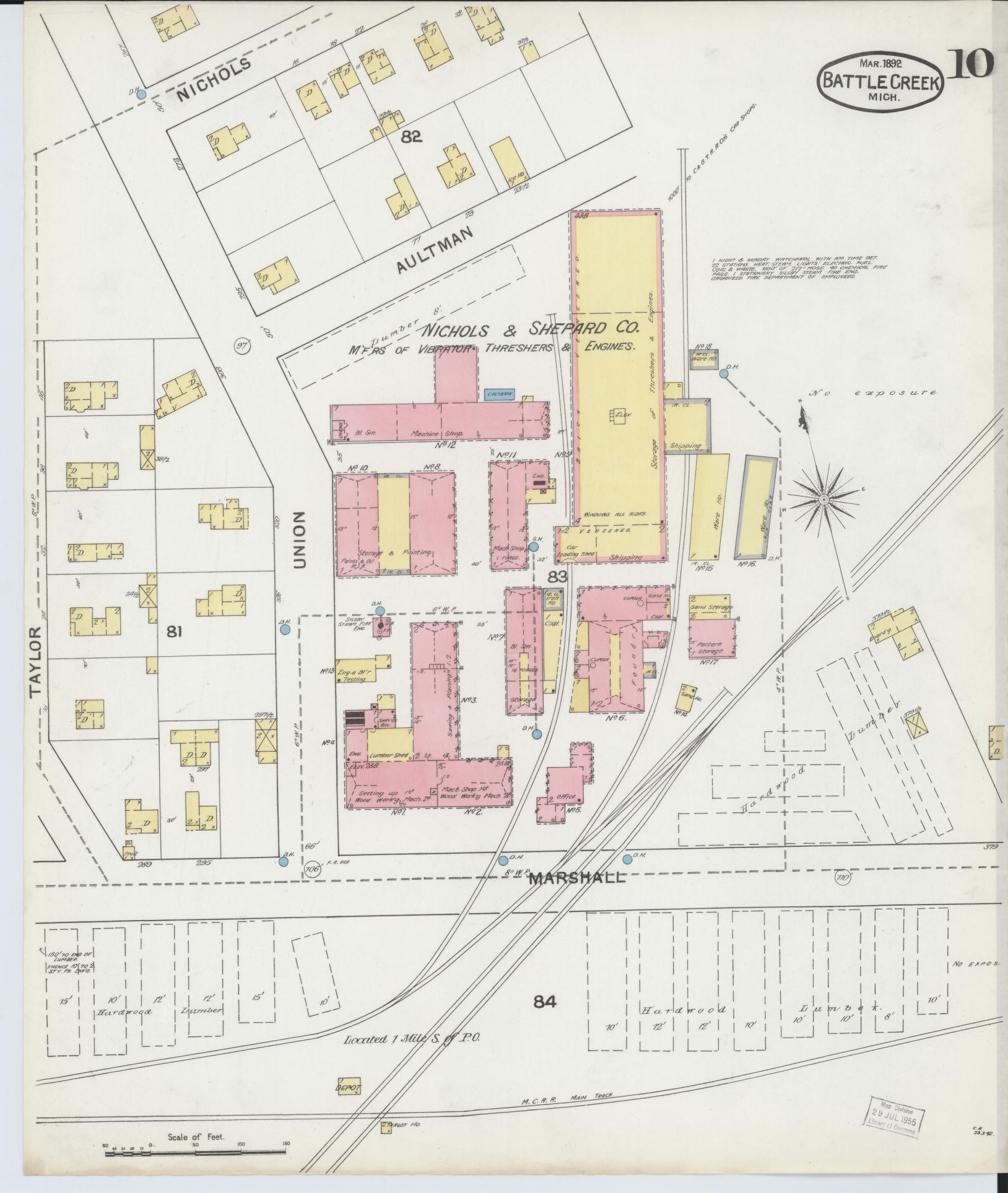 Sanborn Fire Insurance Map from Battle Creek, Calhoun County, Michigan (1892), Sheet #0010 - Historic Sanborn Fire Insurance Map Print, vintage old map wall art, antique decor, genealogy gift, Michigan Michigan map