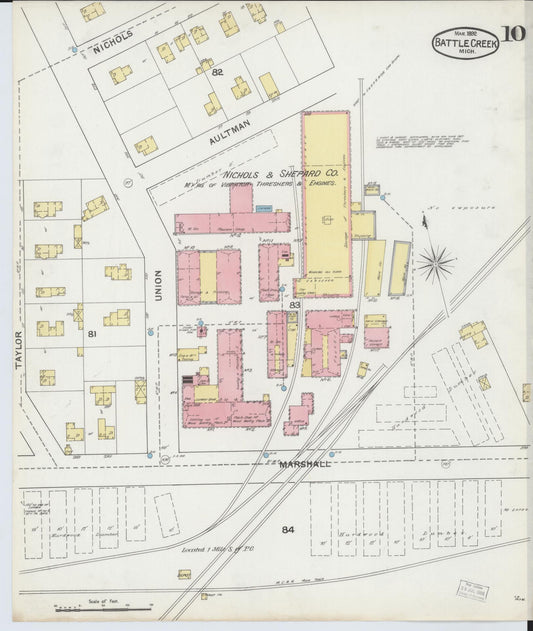 Sanborn Fire Insurance Map from Battle Creek, Calhoun County, Michigan (1892), Sheet #0010 - Historic Sanborn Fire Insurance Map Print, vintage old map wall art, antique decor, genealogy gift, Michigan Michigan map