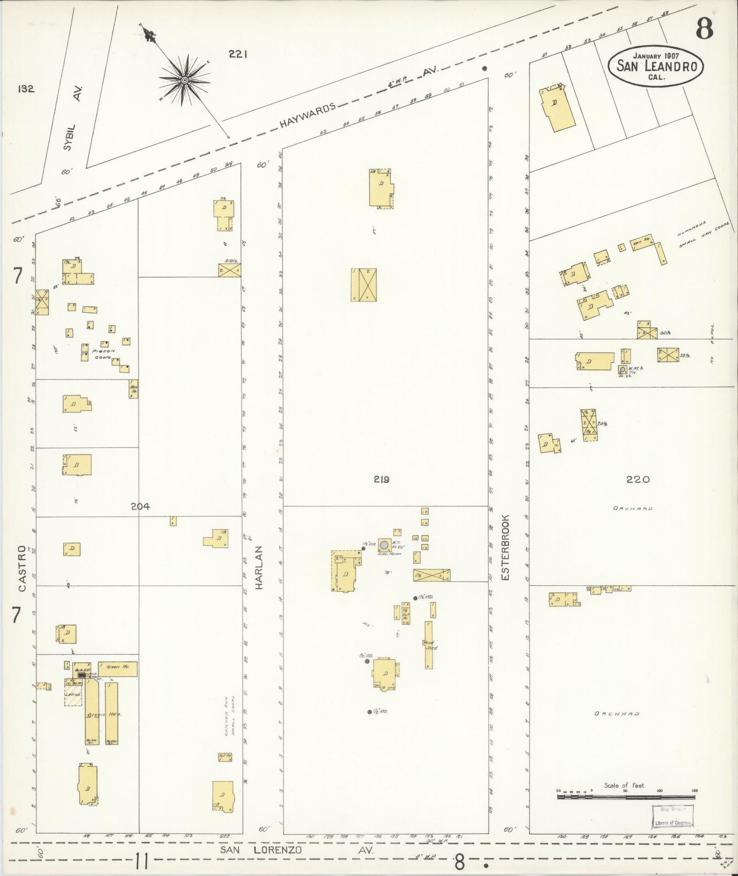 Sanborn Fire Insurance Map from San Leandro, Alameda County, California (1907), Sheet #0008 - Complete Map Set gallery image, historic Sanborn map, vintage wall art, California California