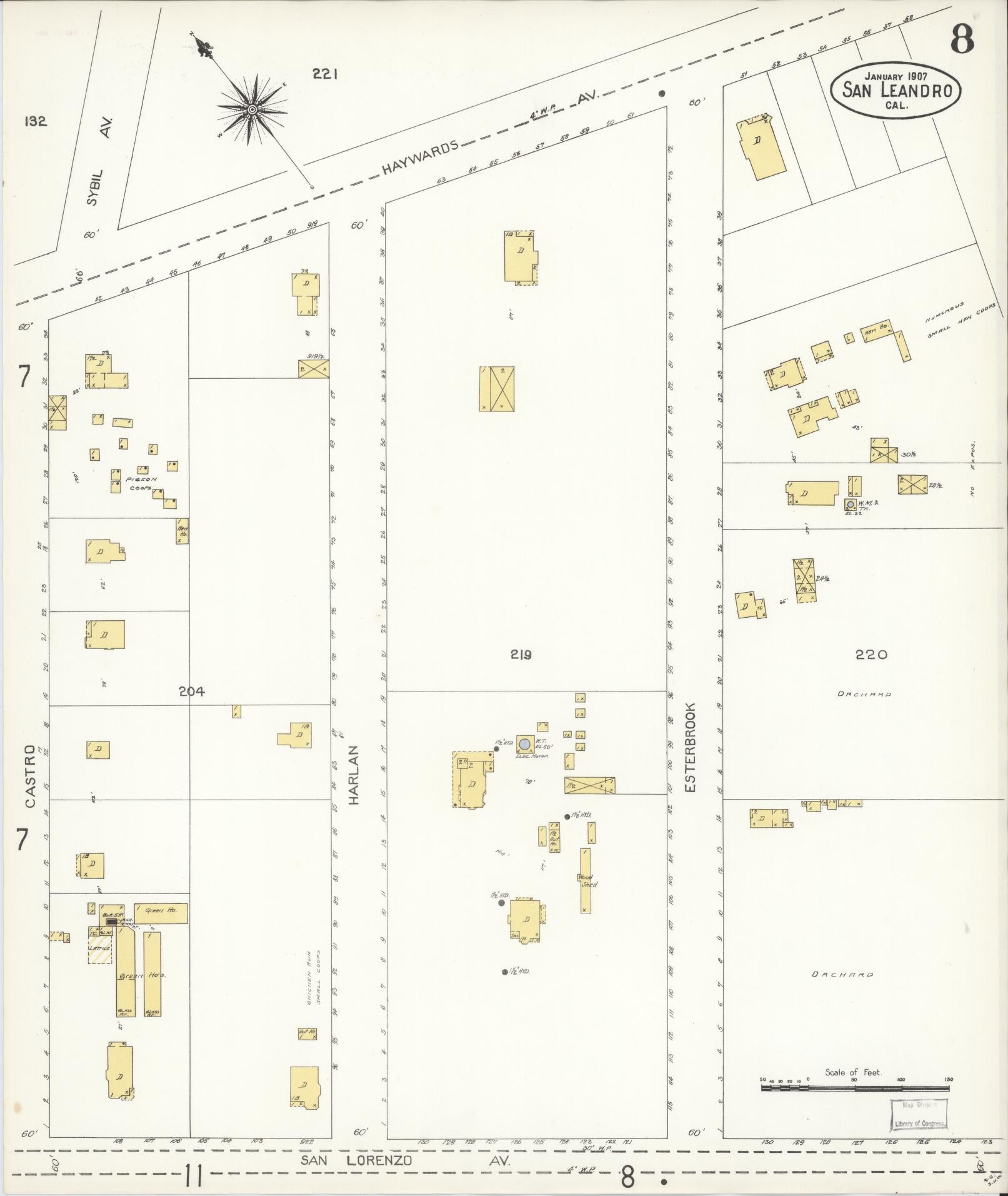 Sanborn Fire Insurance Map from San Leandro, Alameda County, California (1907), Sheet #0008 - Complete Map Set gallery image, historic Sanborn map, vintage wall art, California California