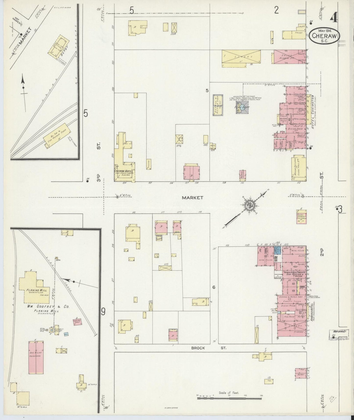 Sanborn Fire Insurance Map from Cheraw, Chesterfield County, South Carolina (1914), Sheet #0004 - Complete Map Set gallery image, historic Sanborn map, vintage wall art, South Carolina South Carolina