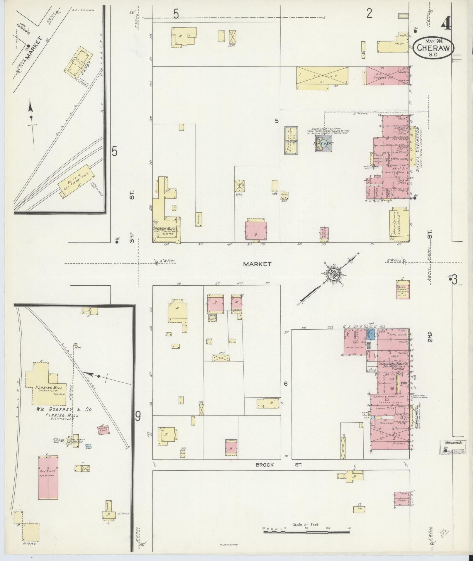 Sanborn Fire Insurance Map from Cheraw, Chesterfield County, South Carolina (1914), Sheet #0004 - Complete Map Set gallery image, historic Sanborn map, vintage wall art, South Carolina South Carolina