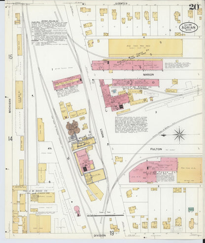 Sanborn Fire Insurance Map from Adrian, Lenawee County, Michigan (1908), Sheet #0020 - Historic Sanborn Fire Insurance Map Print, vintage old map wall art, antique decor, genealogy gift, Michigan Michigan map