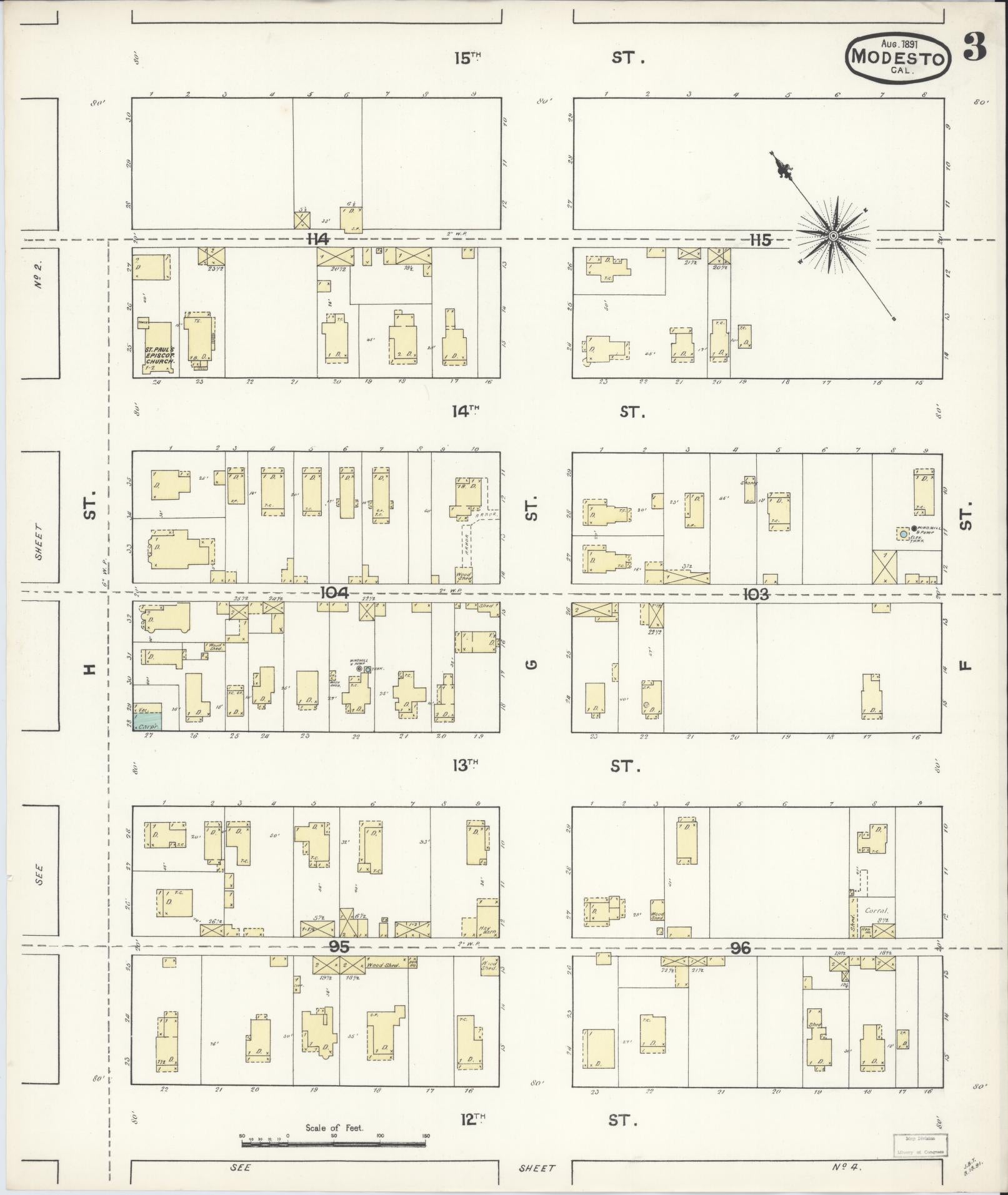 Sanborn Fire Insurance Map from Modesto, Stanislaus County, California (1891), Sheet #0003 - Complete Map Set gallery image, historic Sanborn map, vintage wall art, California California