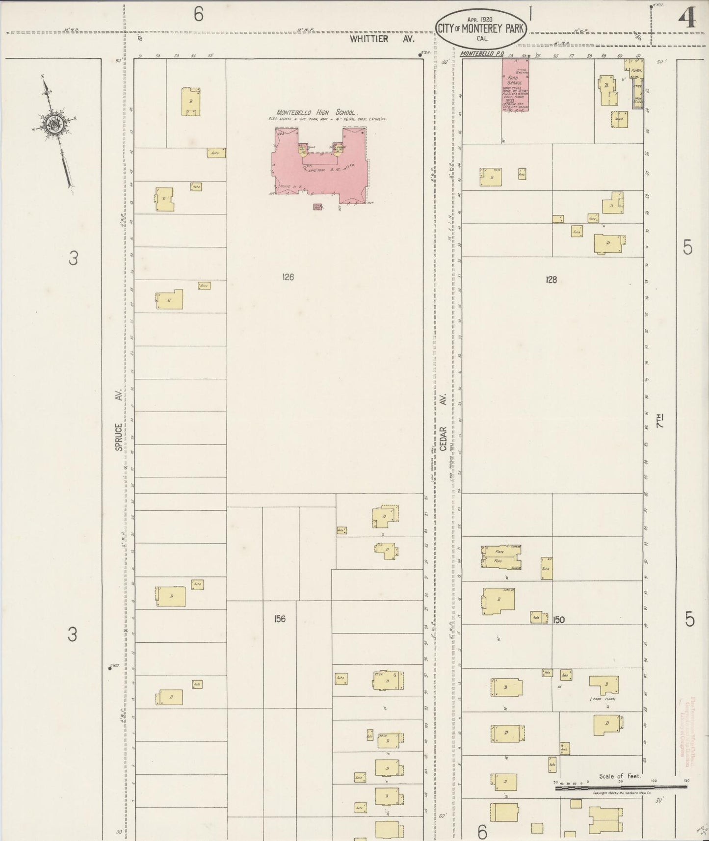 Sanborn Fire Insurance Map from Monterey Park, Los Angeles County, California (1920), Sheet #0004 - Historic Sanborn Fire Insurance Map Print, vintage old map wall art, antique decor, genealogy gift, California California map