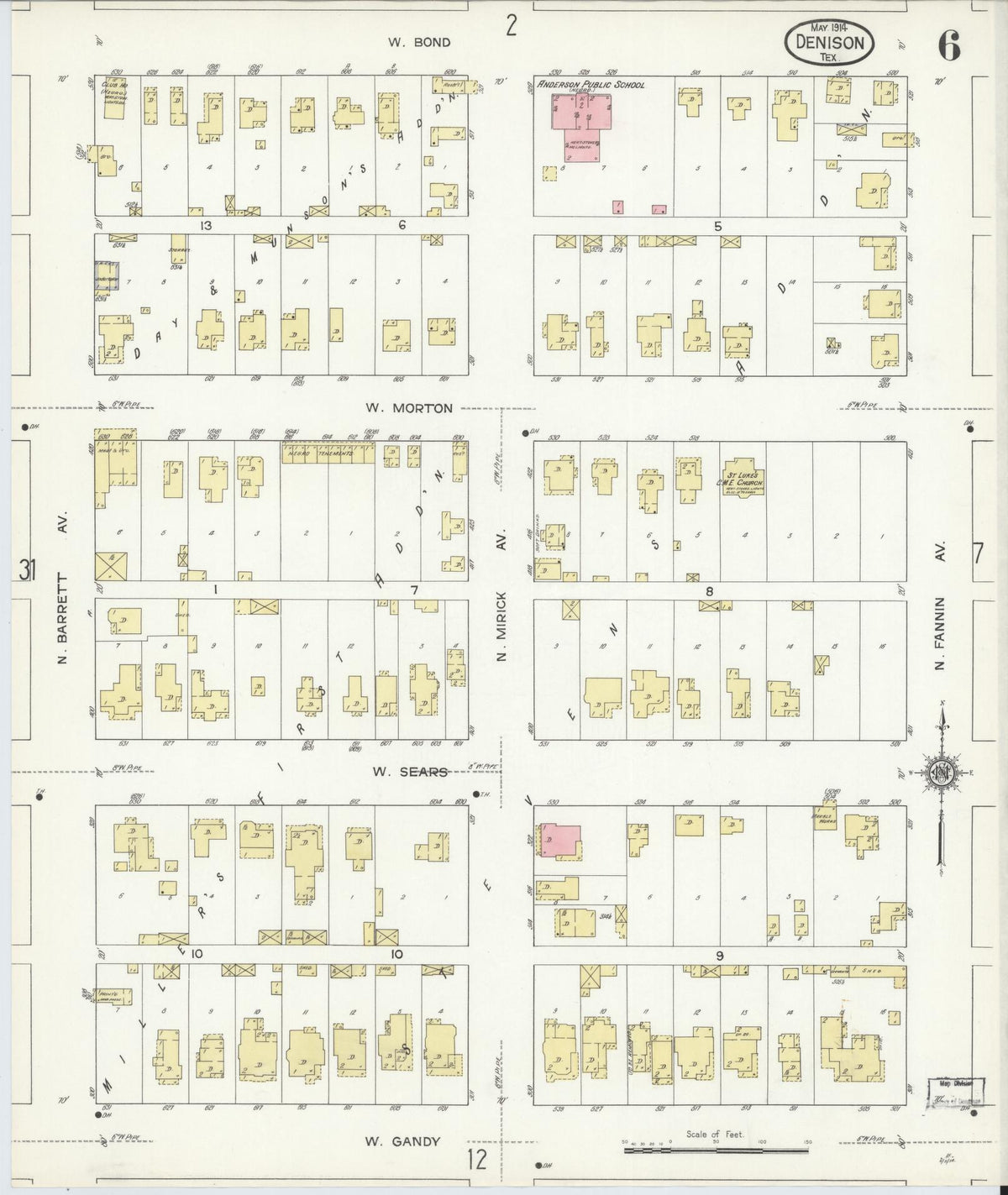 Sanborn Fire Insurance Map from Denison, Grayson County, Texas (1914), Sheet #0006 - Historic Sanborn Fire Insurance Map Print, vintage old map wall art, antique decor, genealogy gift, Texas Texas map