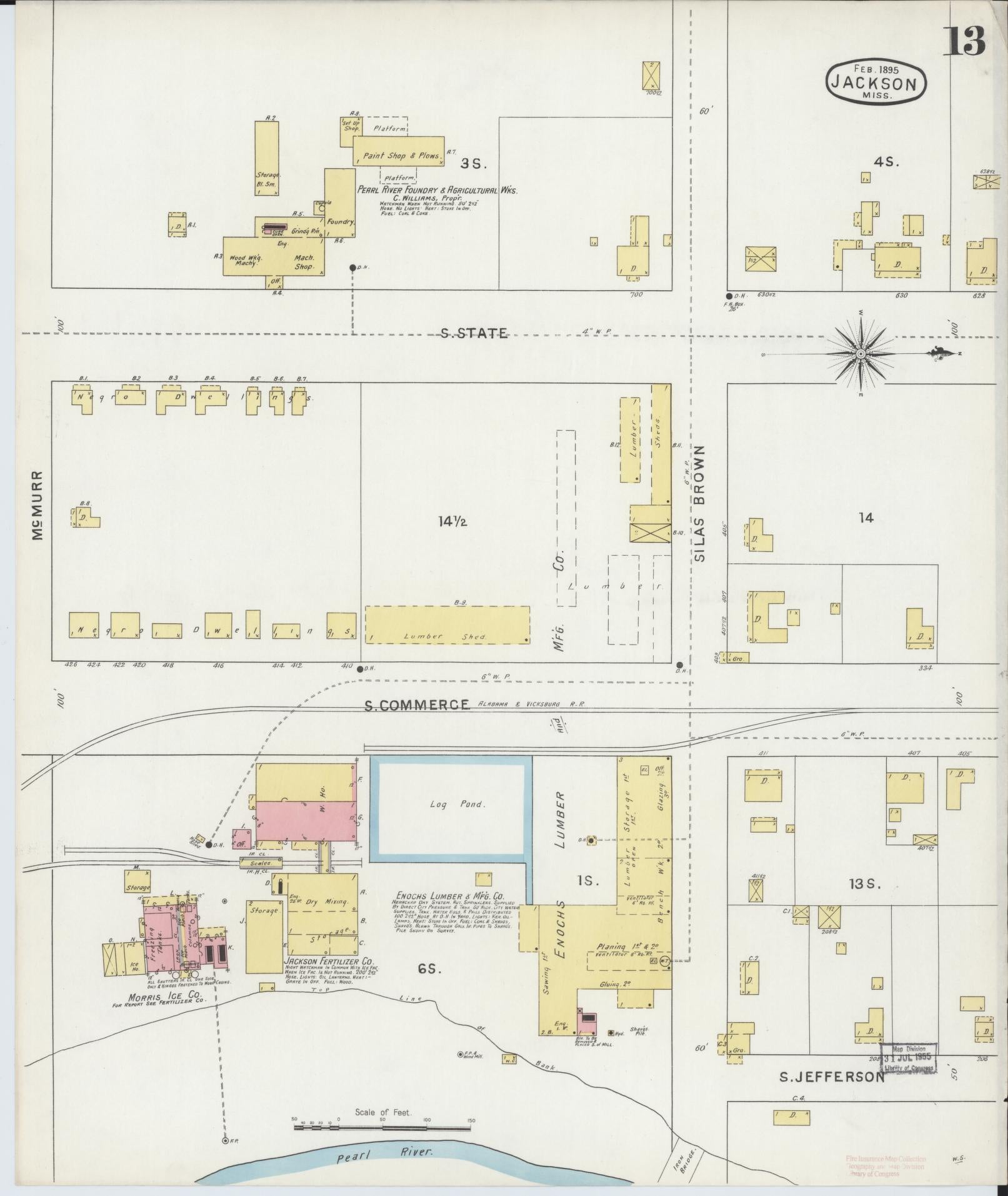 Sanborn Fire Insurance Map from Jackson, Hinds County, Mississippi (1895), Sheet #0013 - Historic Sanborn Fire Insurance Map Print, vintage old map wall art, antique decor, genealogy gift, Mississippi Mississippi map