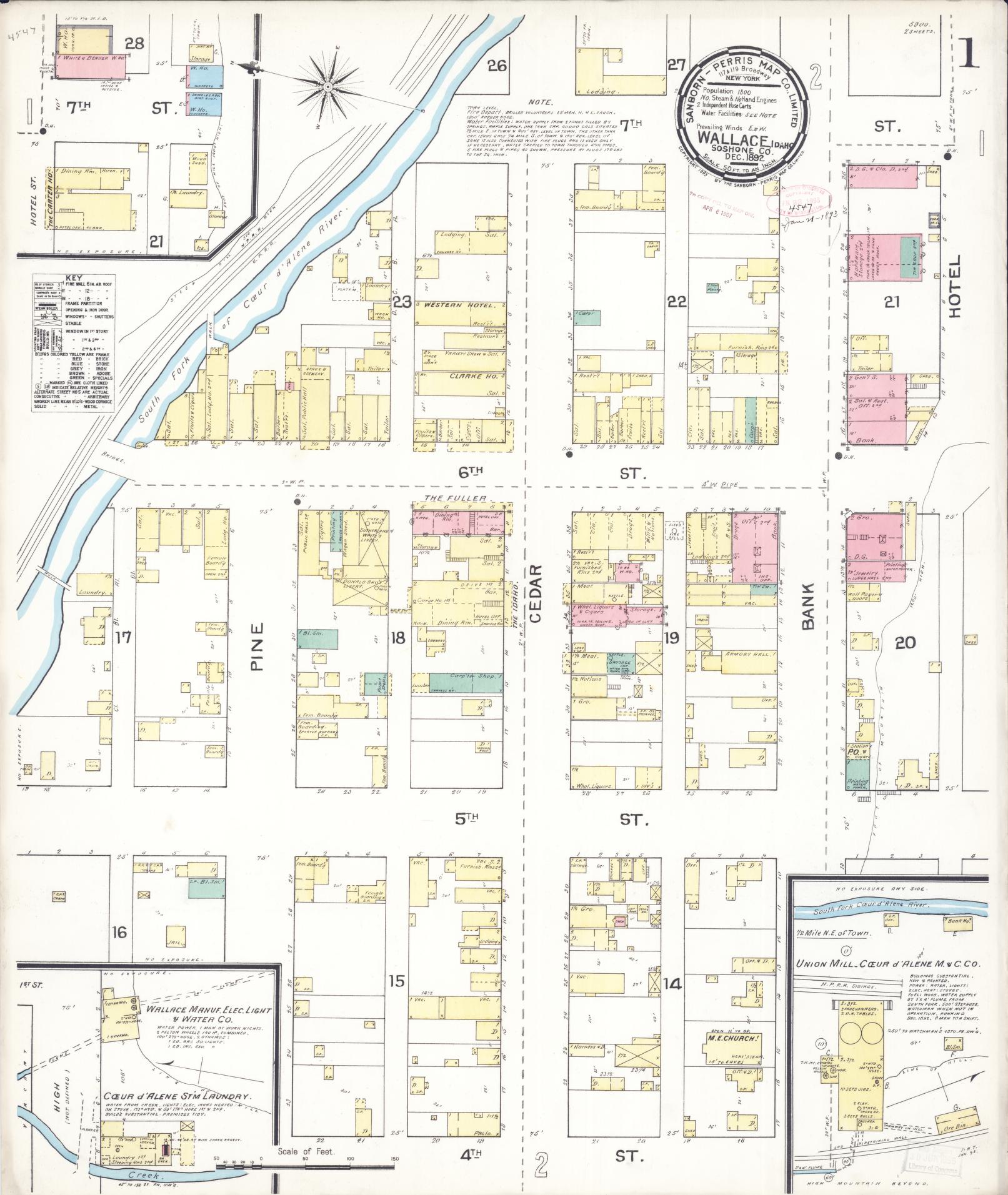 Sanborn Fire Insurance Map from Wallace, Shoshone County, Idaho (1892), Sheet #0001 - Historic Sanborn Fire Insurance Map Print, vintage old map wall art, antique decor, genealogy gift, Idaho Idaho map