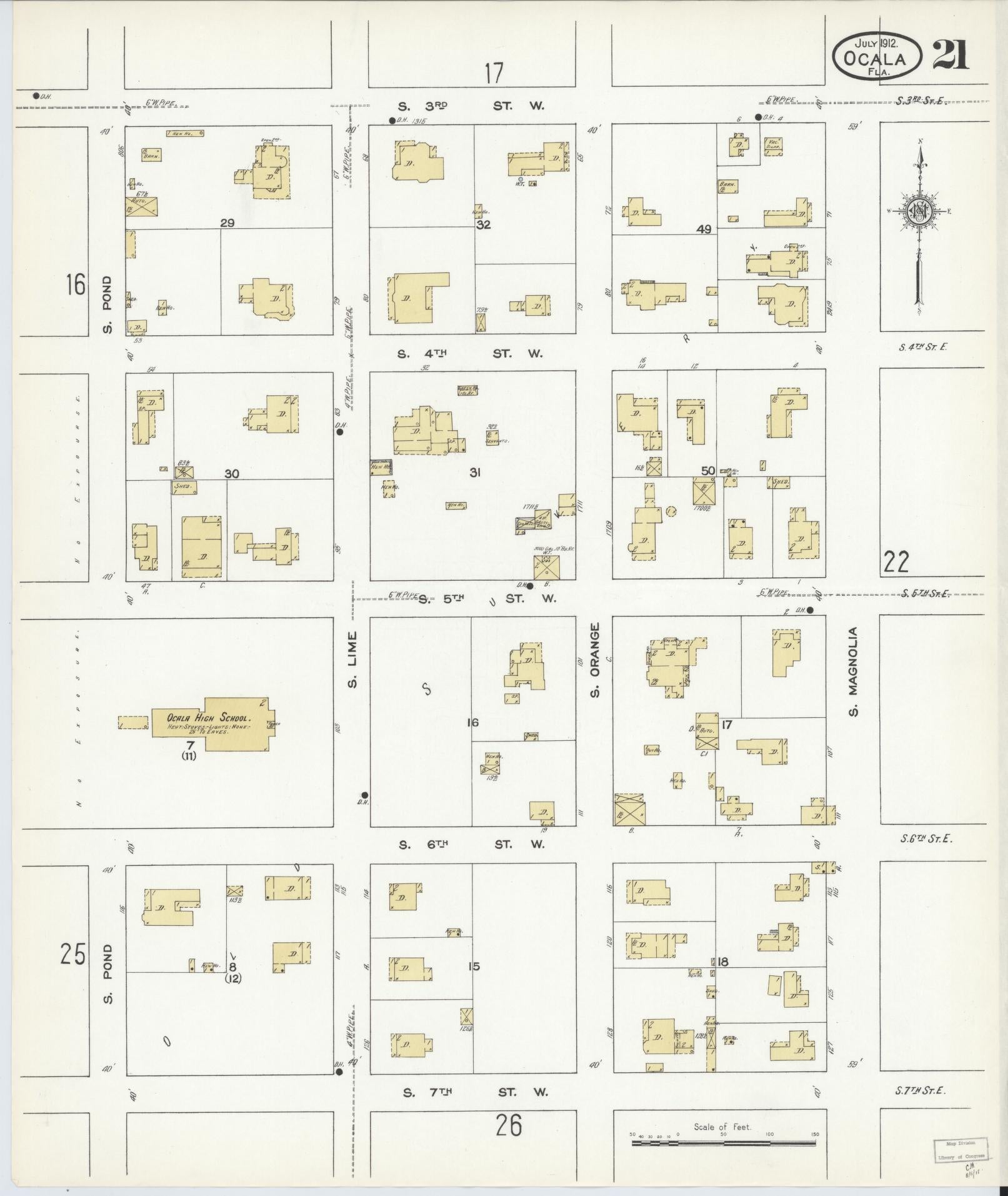 Sanborn Fire Insurance Map from Ocala, Marion County, Florida (1912), Sheet #0021 - Historic Sanborn Fire Insurance Map Print, vintage old map wall art, antique decor, genealogy gift, Florida Florida map