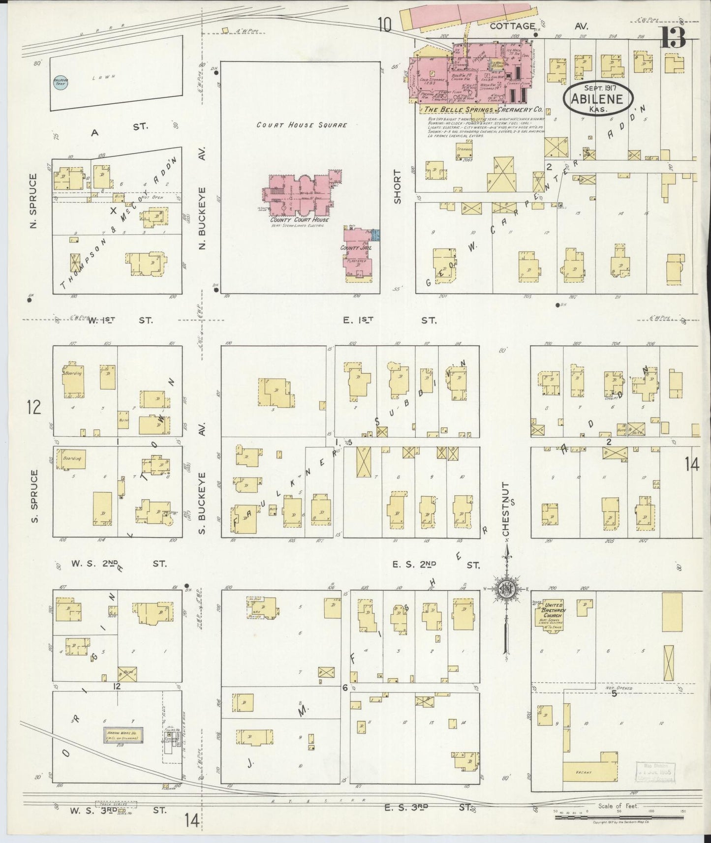Sanborn Fire Insurance Map from Abilene, Dickinson County, Kansas (1917), Sheet #0013 - Historic Sanborn Fire Insurance Map Print, vintage old map wall art, antique decor, genealogy gift, Kansas Kansas map
