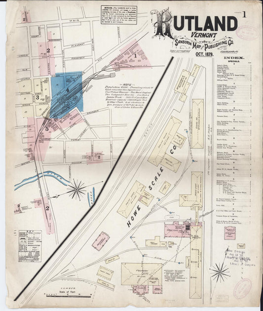 Sanborn Fire Insurance Map from Rutland, Rutland County, Vermont (1879), Sheet #0001 - Historic Sanborn Fire Insurance Map Print, vintage old map wall art, antique decor, genealogy gift, Vermont Vermont map