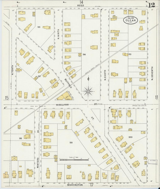 Sanborn Fire Insurance Map from Olean, Cattaraugus County, New York (1898), Sheet #0012 - Historic Sanborn Fire Insurance Map Print, vintage old map wall art, antique decor, genealogy gift, New York New York map