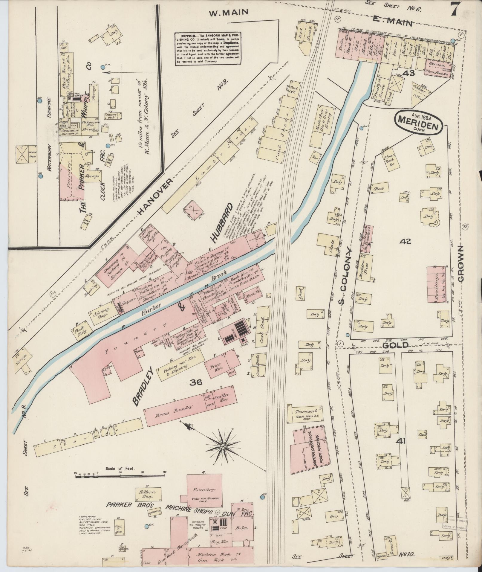 Sanborn Fire Insurance Map from Meriden, New Haven County, Connecticut (1884), Sheet #0007 - Complete Map Set gallery image, historic Sanborn map, vintage wall art, Connecticut Connecticut