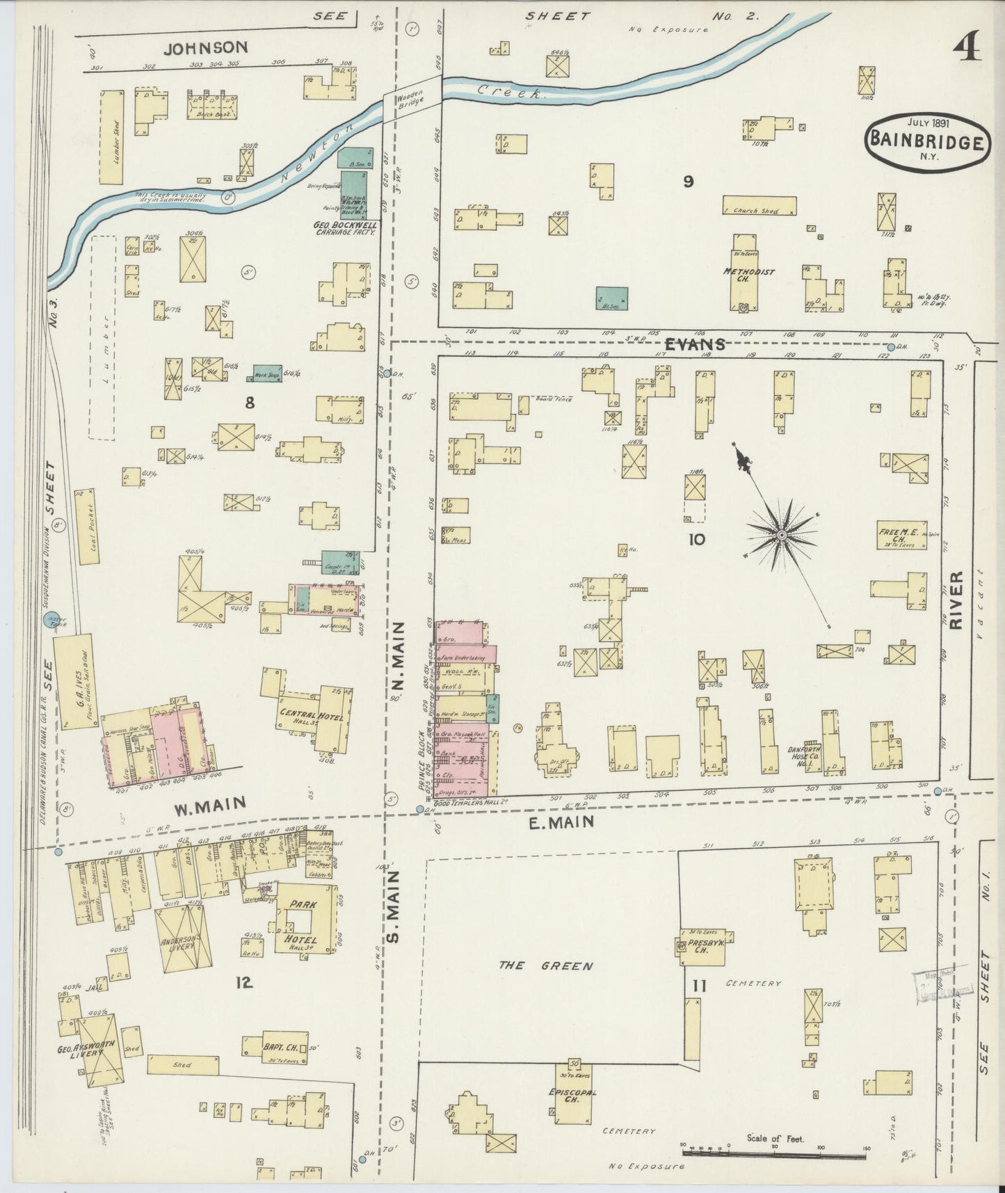 Sanborn Fire Insurance Map from Bainbridge, Chenango County, New York (1891), Sheet #0004 - Complete Map Set gallery image, historic Sanborn map, vintage wall art, New York New York