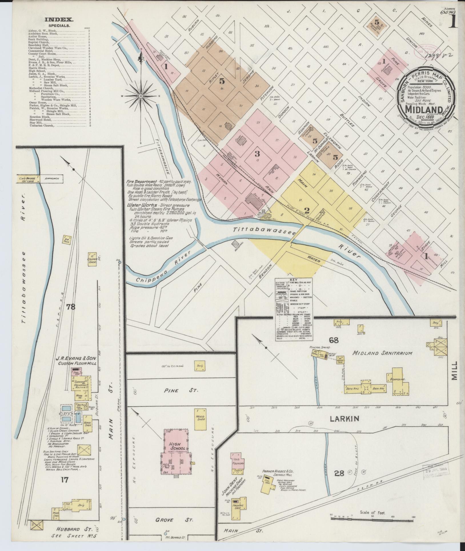 Sanborn Fire Insurance Map from Midland, Midland County, Michigan (1889), Sheet #0001 - Complete Map Set gallery image, historic Sanborn map, vintage wall art, Michigan Michigan