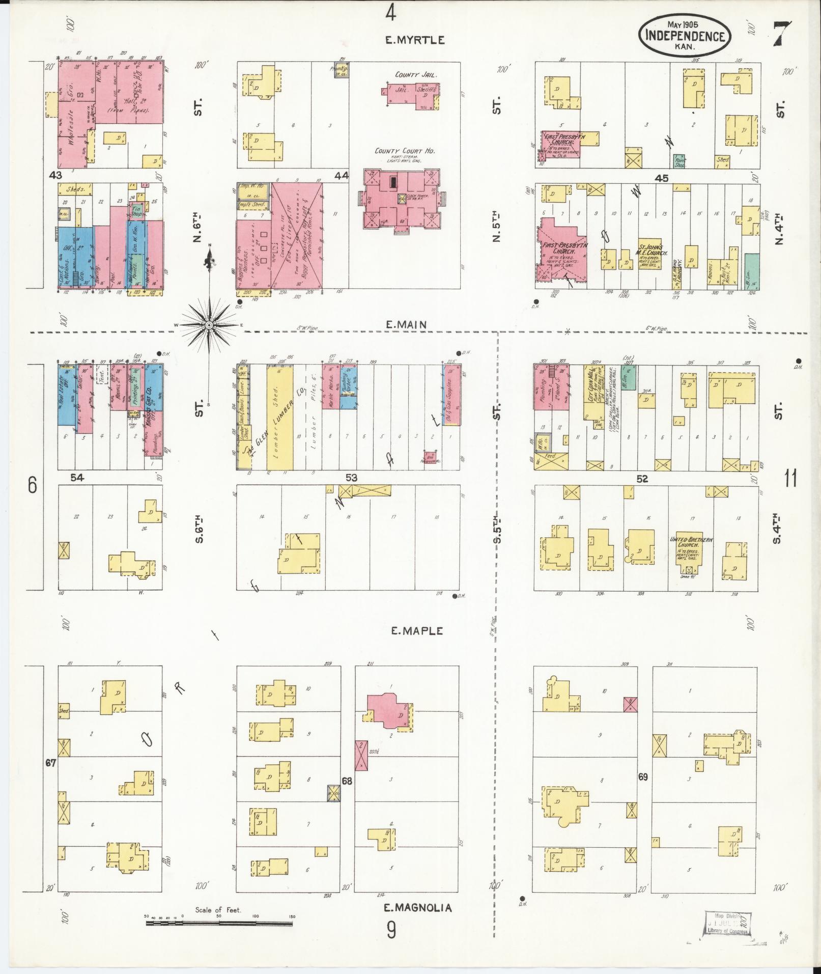 Sanborn Fire Insurance Map from Independence, Montgomery County, Kansas (1905), Sheet #0007 - Historic Sanborn Fire Insurance Map Print, vintage old map wall art, antique decor, genealogy gift, Kansas Kansas map